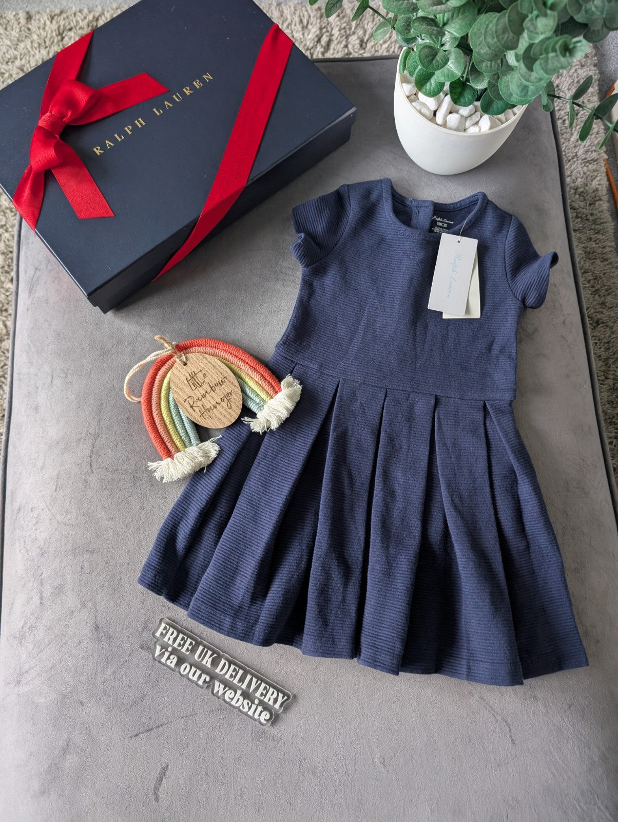 new polo Ralph Lauren French Navy Pleated  dress Girls Age 18m ribbed smart Cute