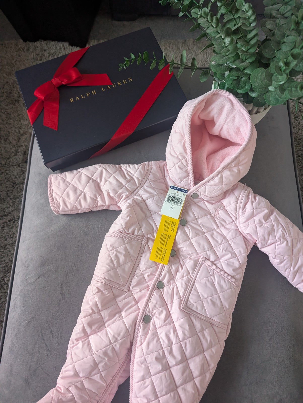 New ralph lauren Baby Pink quilted fleece lined pram suit snowsuit 0-3m Gift