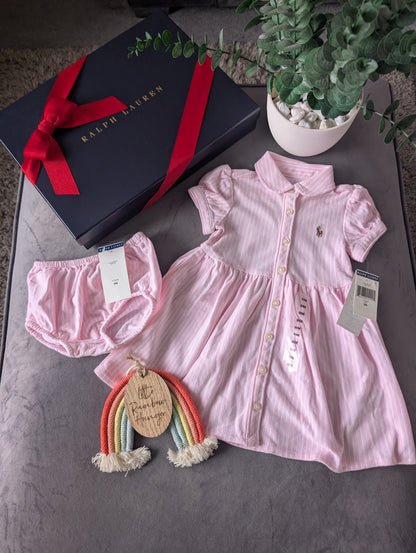 New Ralph Lauren Baby Girl Oxford Mesh Dress & Bloomer Carmel Pink 6-9m Gift