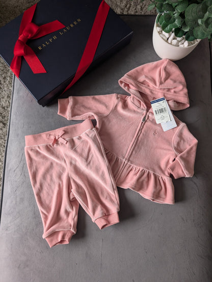 New Gorgeous Ralph Lauren Pink Scalloped Baby Girl Tracksuit 0-3m Gift Velvet