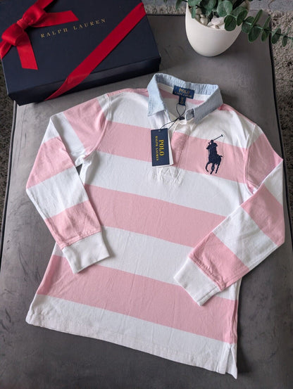 New Ralph Lauren Boys Iconic Pink White Stripe Long Sl Polo Shirt Smart Gift 8y