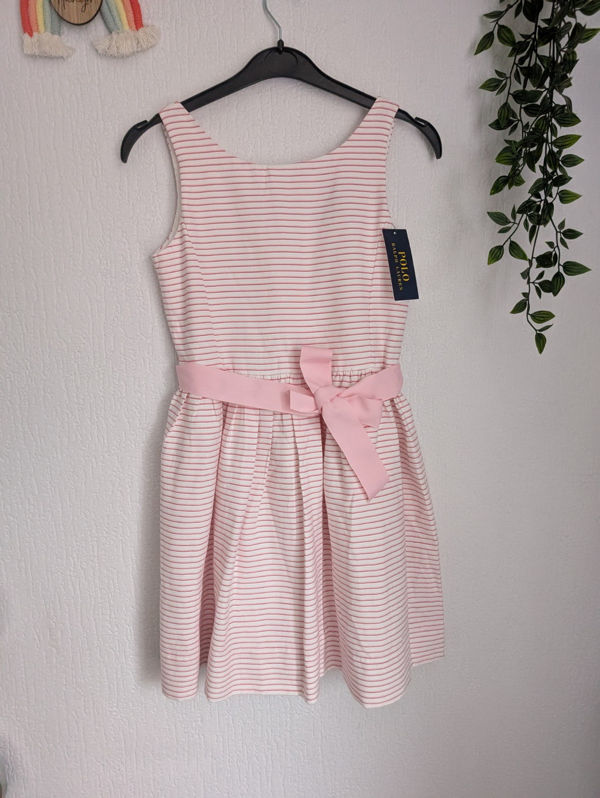 New Ralph Lauren Girls Pink Stripe Fit Flare Party Occasion Dress Belted 8yrs