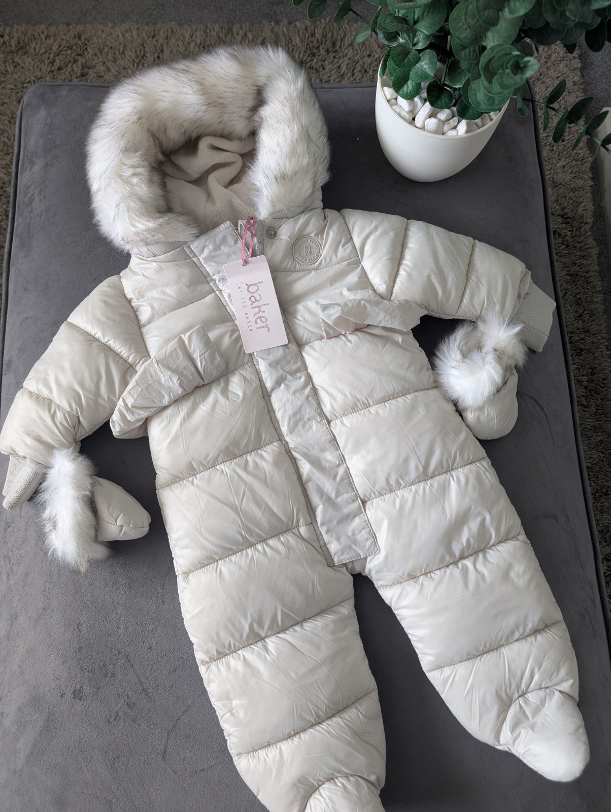 Ted Baker Silver Padded Ruffle Trim Snowsuit & Mittens Set Age 3-6mths BNWT £54