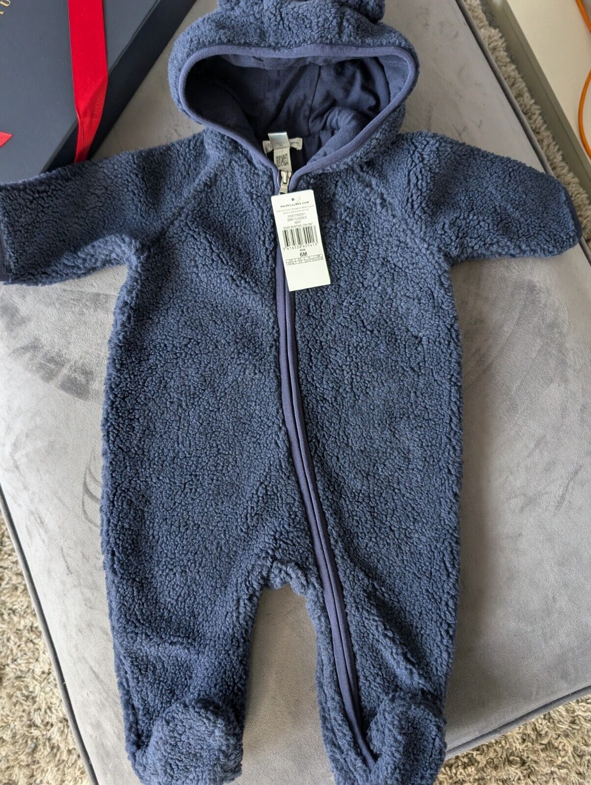 New Ralph Lauren baby boys faux shearling bear all in one snowsuit baby gift 3-6