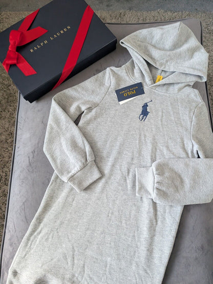 New Ralph Lauren Girls Hoodie Jumper Dress Polo Grey Logo Smart  8-10yr Gift