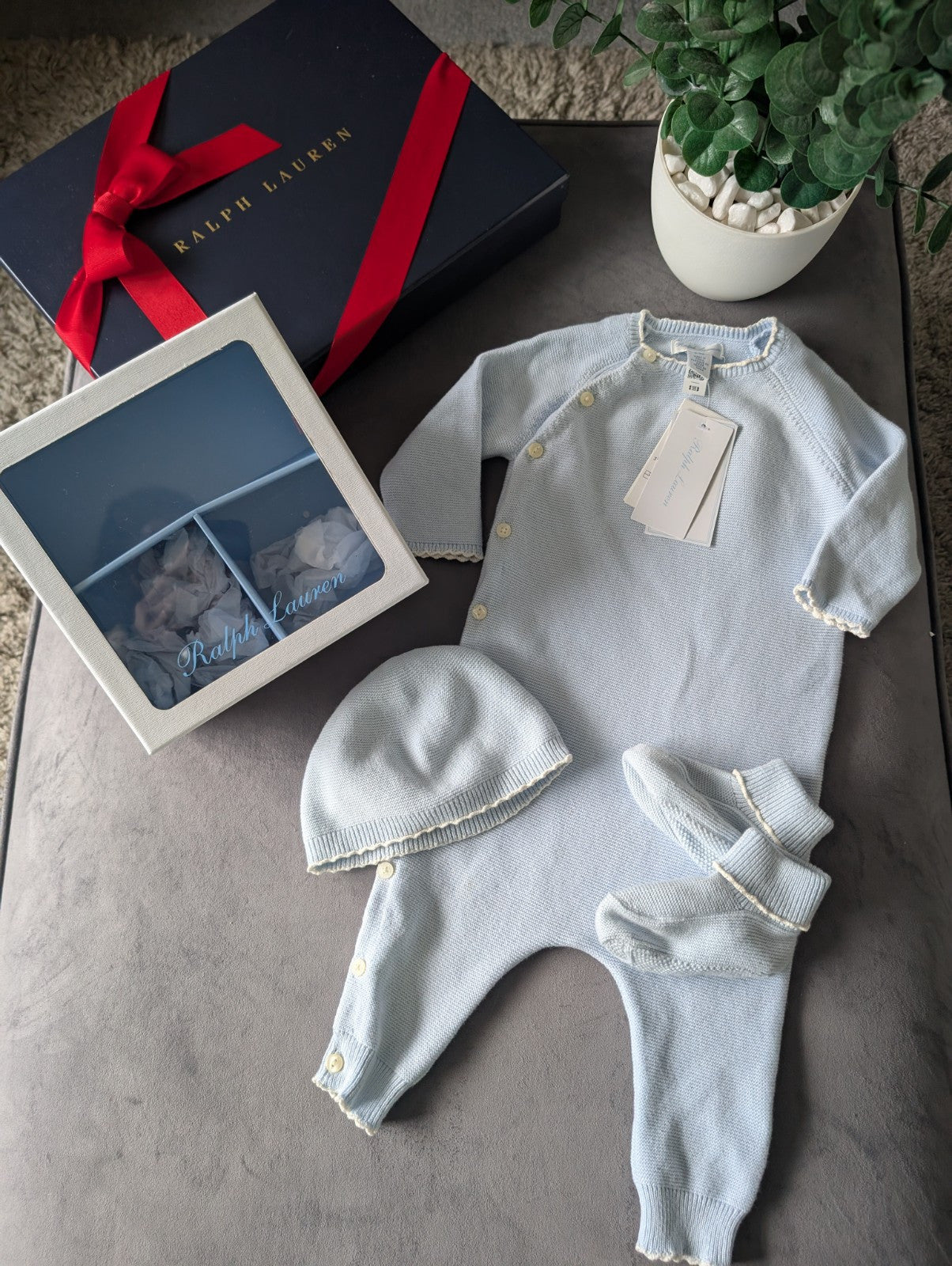 New Ralph Lauren Boys New Baby 3 Piece Gift Set Stripe  6-9 m BlueRRP £115