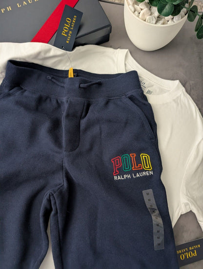 New Ralph Lauren Boys Kids Top + Jogger White Navy Embroided Logo Pony 10yr Gift