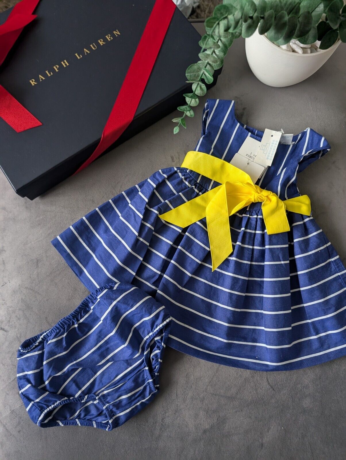 New Ralph Lauren Baby Girls Navy Polka Dot Spotty Dress 3-6m Stripe Gift Cute