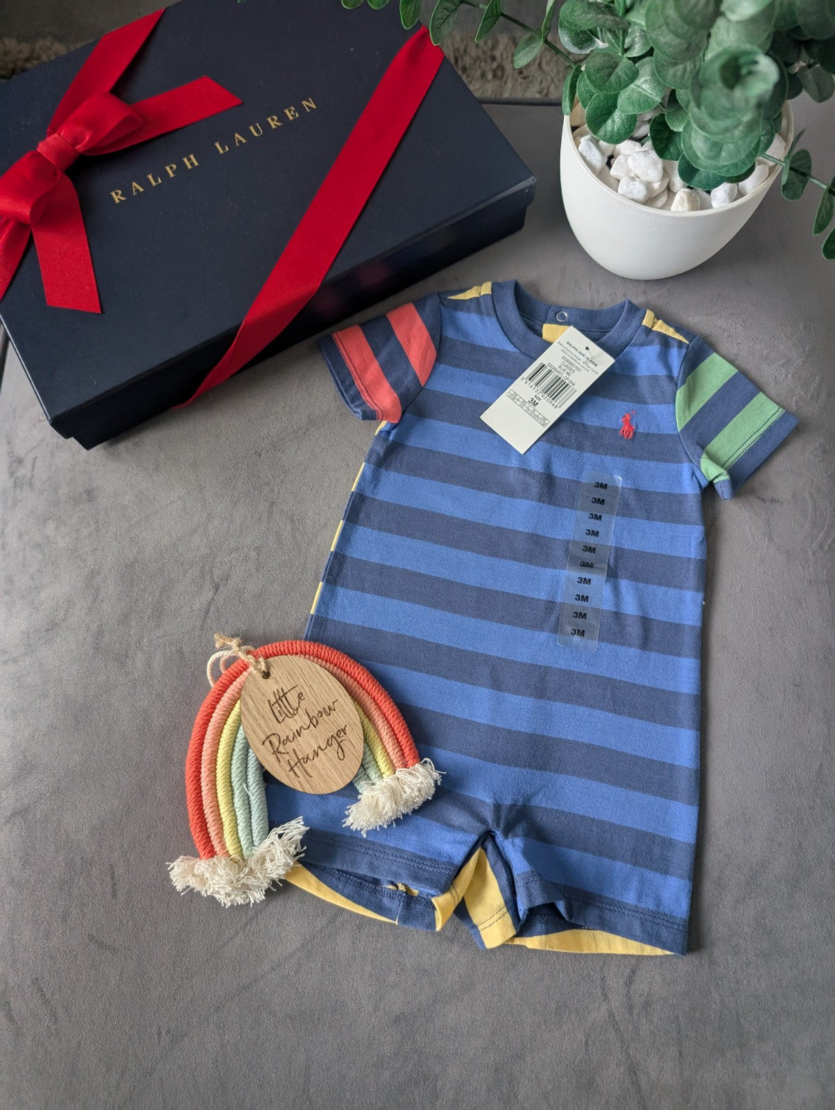 New Ralph Lauren Baby Boy Blue Multi  Smart Romper 0-3m Cute Summer Shortall