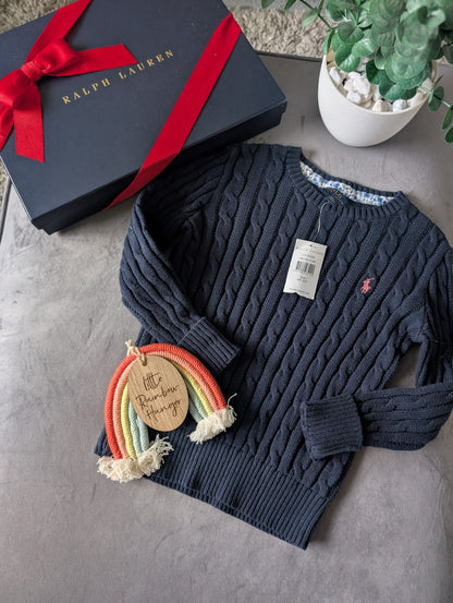 New Polo by Ralph Lauren Cable Knit Jumper Navy Girls 6-7 Years Smart Warm Gift