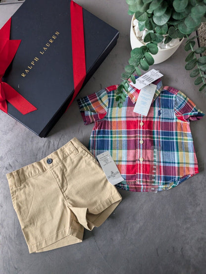 New adorable Ralph Lauren boys Check Shirt + Chino Short Smart Cute 0-3m Gift