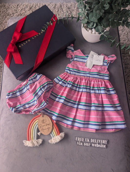 New Stunning Girls Ralph Lauren Pink Pretty  Stripe Dress Occasion 3-6m Gift