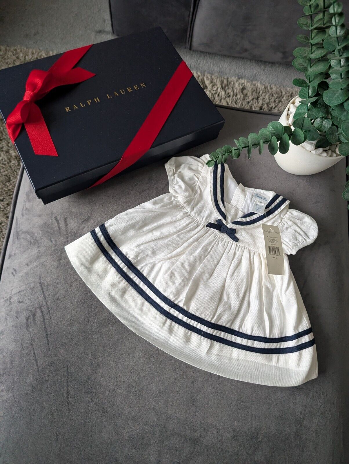 New stunning Ralph Lauren baby girls sally sailor dress white navy bow 0-3m