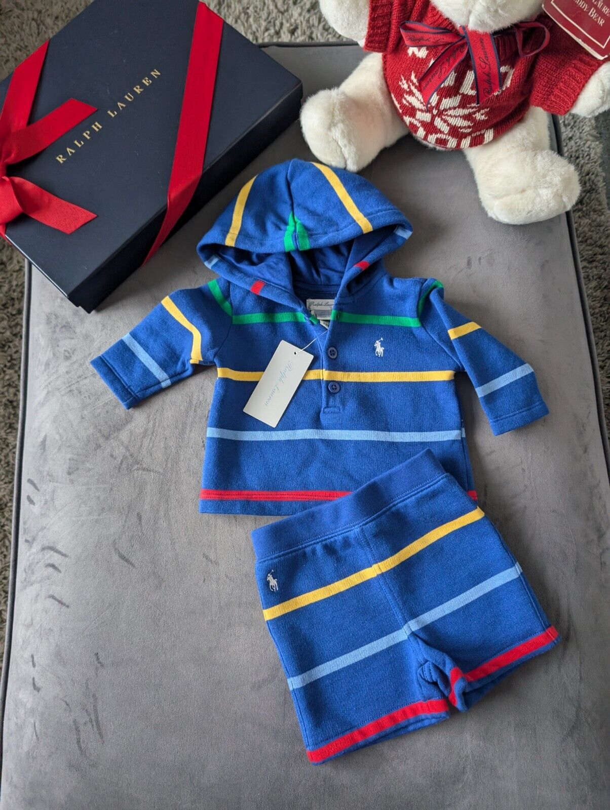 New Ralph Lauren Baby Boy Blue Short And Hoodie Set Gift Stripe Multi 0-3m Cute