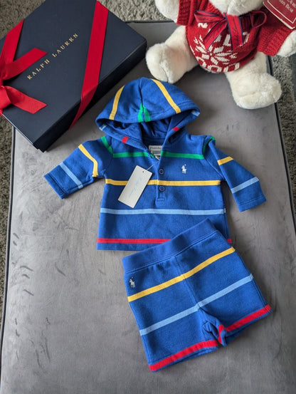 New Ralph Lauren Baby Boy Blue Short And Hoodie Set Gift Stripe Multi 0-3m Cute