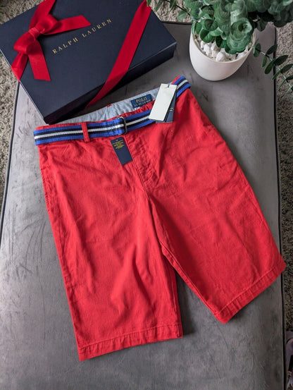 New Ralph Lauren Boys Red Chino Shorts + Belt Smart Gift Age 13 Casual Summer