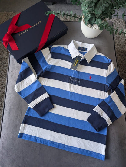 New Ralph Lauren Boys Rugby Style Stripe Long Sleeve Polo Blue White  8y Boys