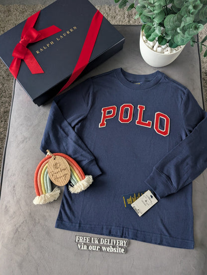 New Ralph Lauren Boys Navy Smart Pony Logo Ralph T Shirt Long Sleeve 5-6yrs