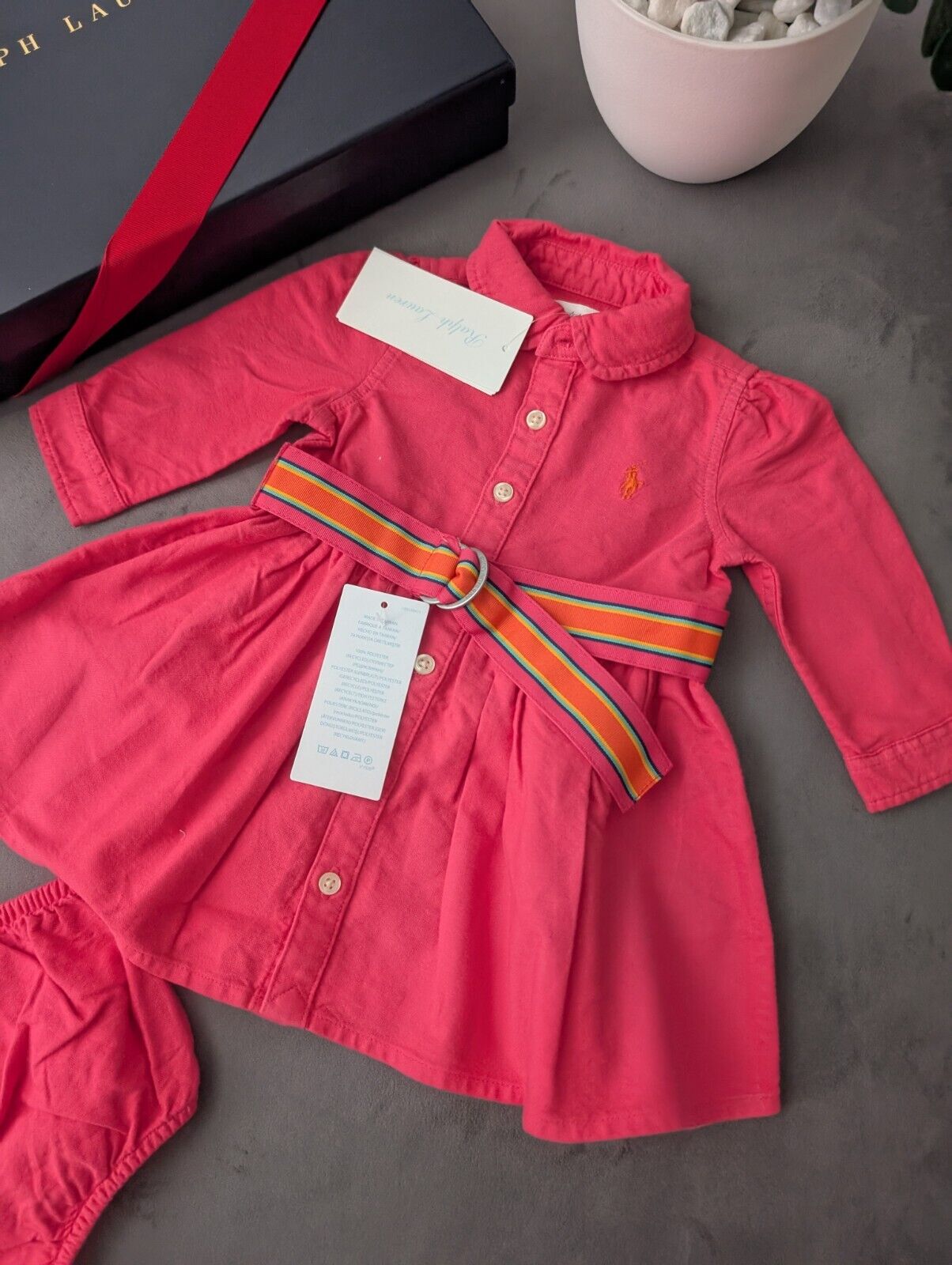 (Copy) Ralph Lauren Polo girls buttoned Oxford Shirt dress Pink Belt Yellow 0-3m Gift