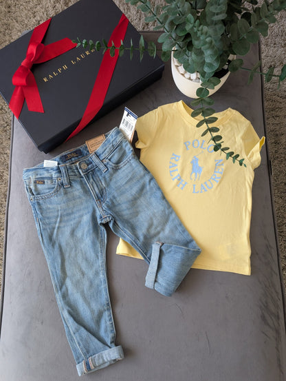 New Ralph Lauren Girls Yellow T Shirt + Blue Denim Boyfriend Jeans Summer 2yrs