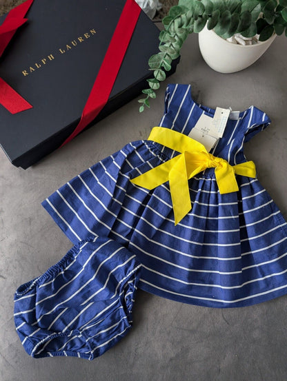 New Ralph Lauren Baby Girls Navy Polka Dot Spotty Dress 3-6m Stripe Gift Cute