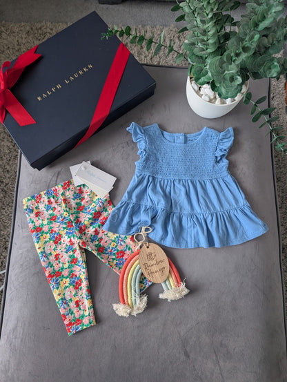 New Ralph Lauren Girls Blue Top And Legging Set Floral Gift Summer Cute 3-6m