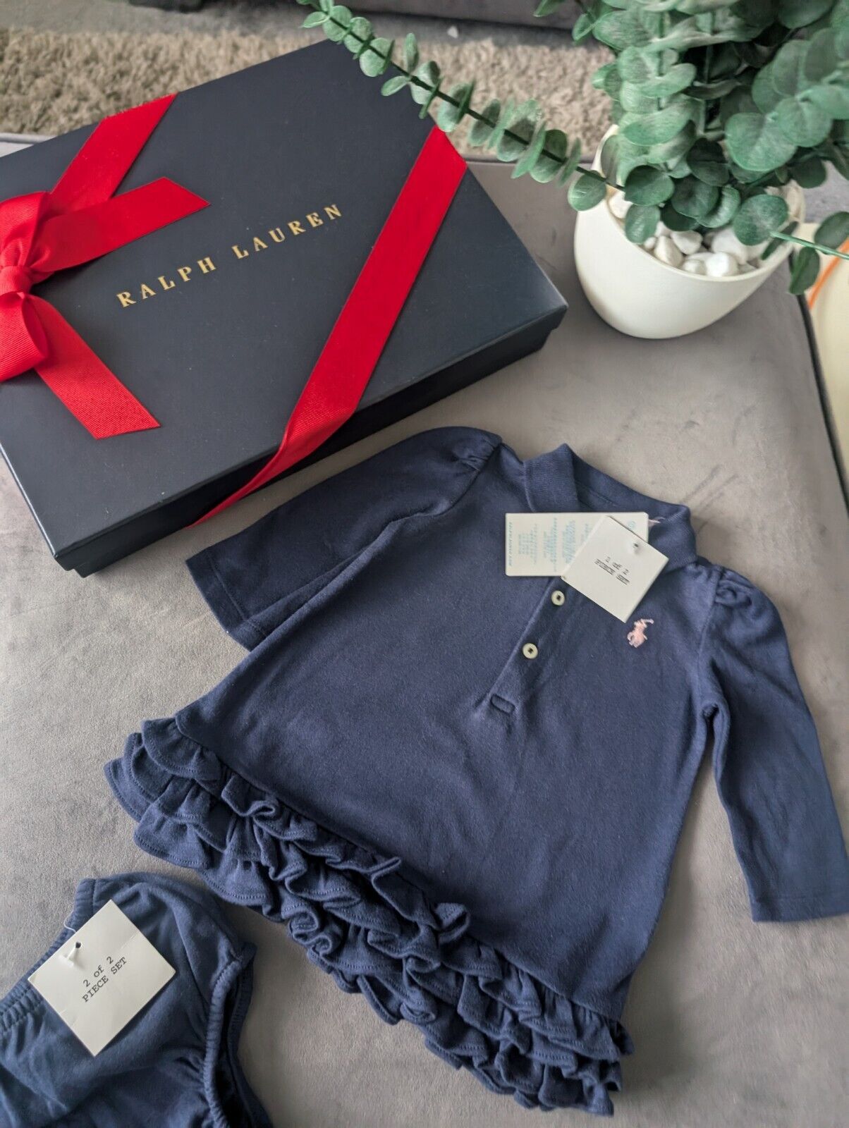 New Ralph Lauren navy long sleeve cupcake polo frill dress + bloomers 0-3m gift