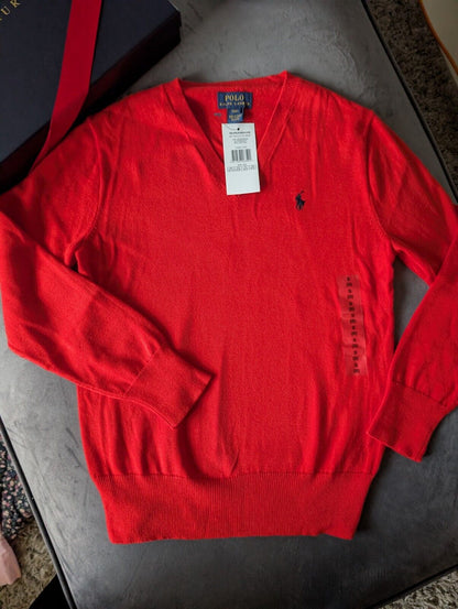 New Ralph Lauren Boys Long Sleeve V Neck Jumper Smart 8 Years Gift Red