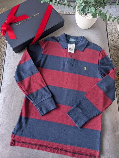 New Ralph Lauren Boys Rugby Style Stripe Long Sleeve Polo Burgundy Navy 10y Boys