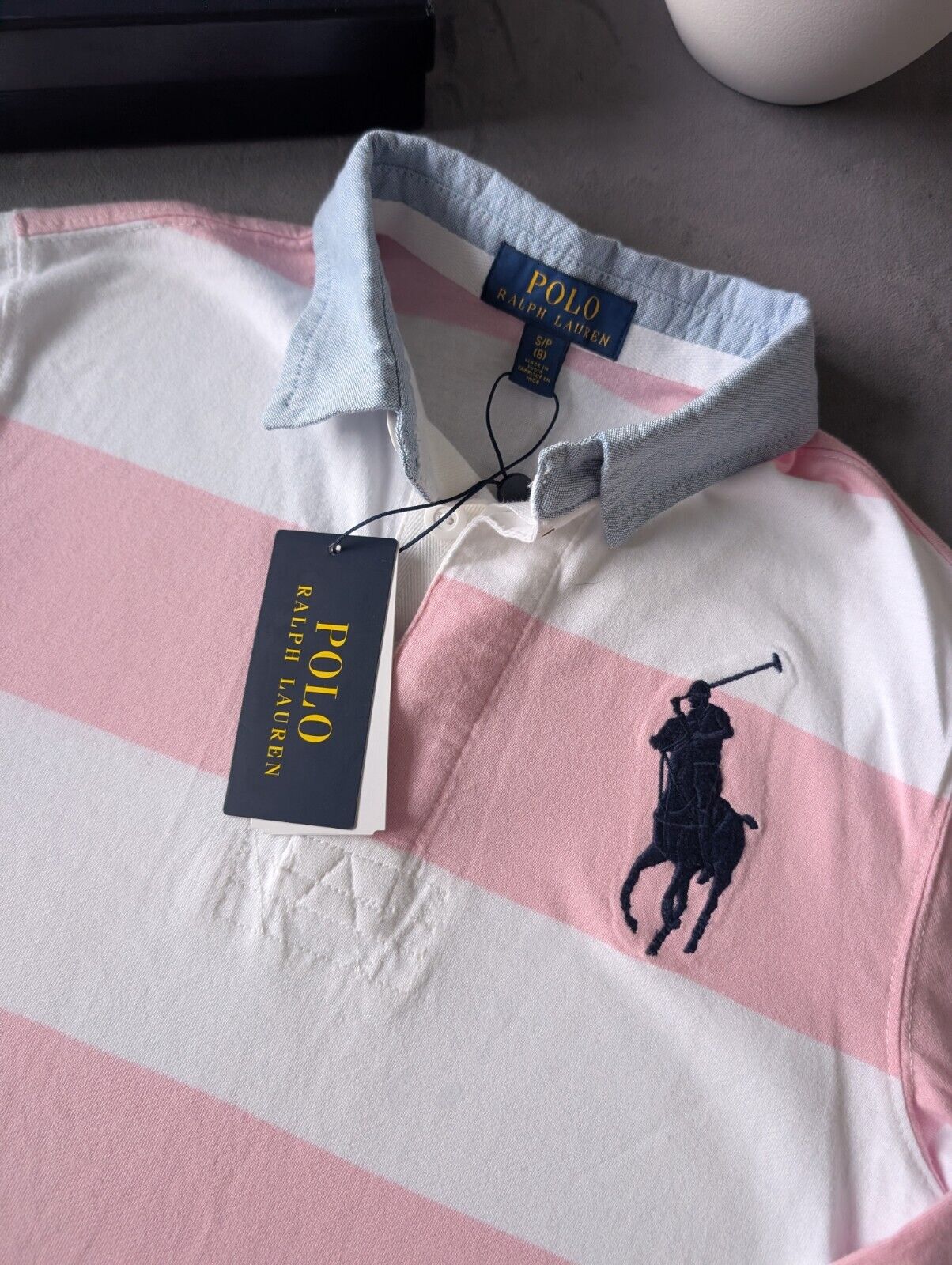 New Ralph Lauren Boys Iconic Pink White Stripe Long Sl Polo Shirt Smart Gift 8y