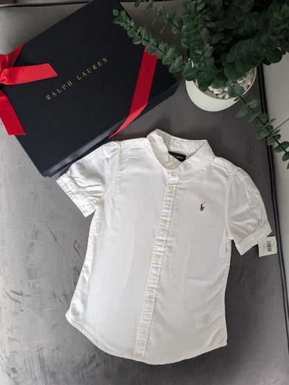 New Stunning Ralph Lauren Girls Collared White Plain Shirt Occasion Age 6 Smart