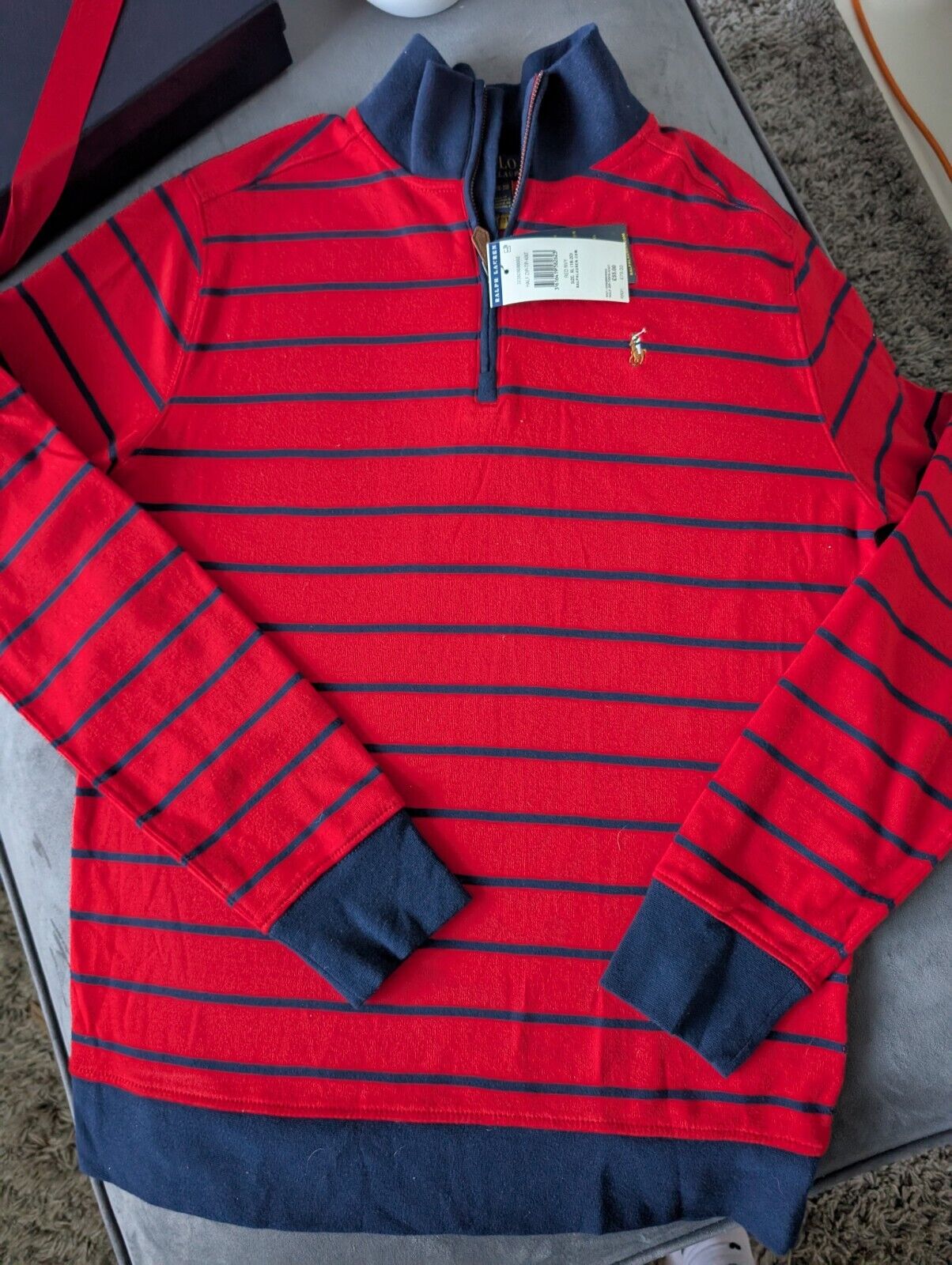 New Ralph Lauren Boys Navy  3/4 Zip Knit Red Stripe Top Top Jumper Age 14y