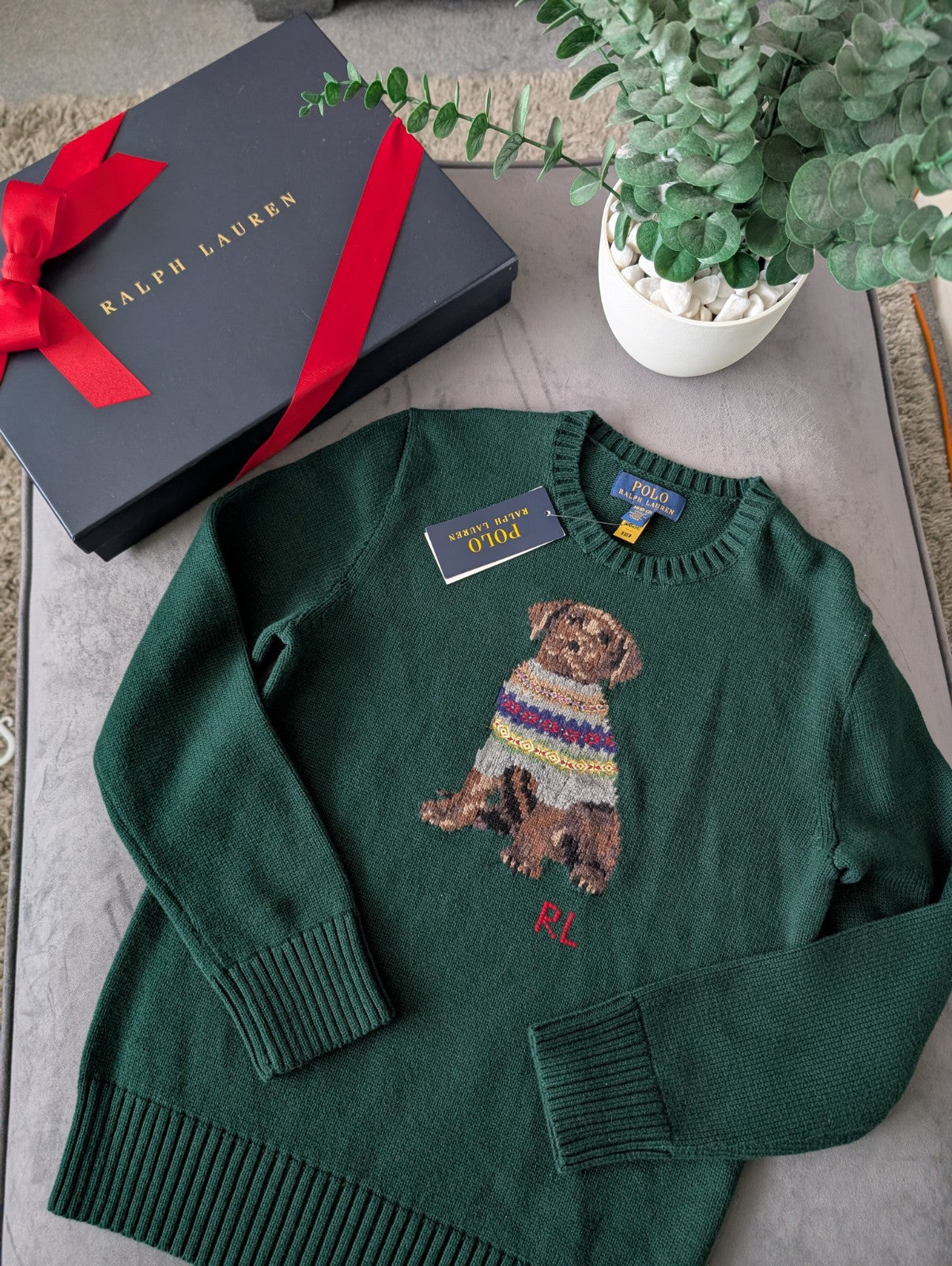 New 2024 Ralph Lauren Green Unisex Dog Knit Jumper Sweater Moss 10-12y £159 Gift