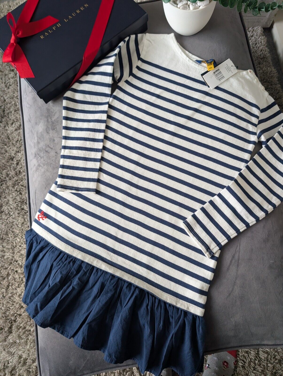 New Ralph Lauren Girls Navy Stripe Dress Jumper Dress Frill Age L 12-14y Gift