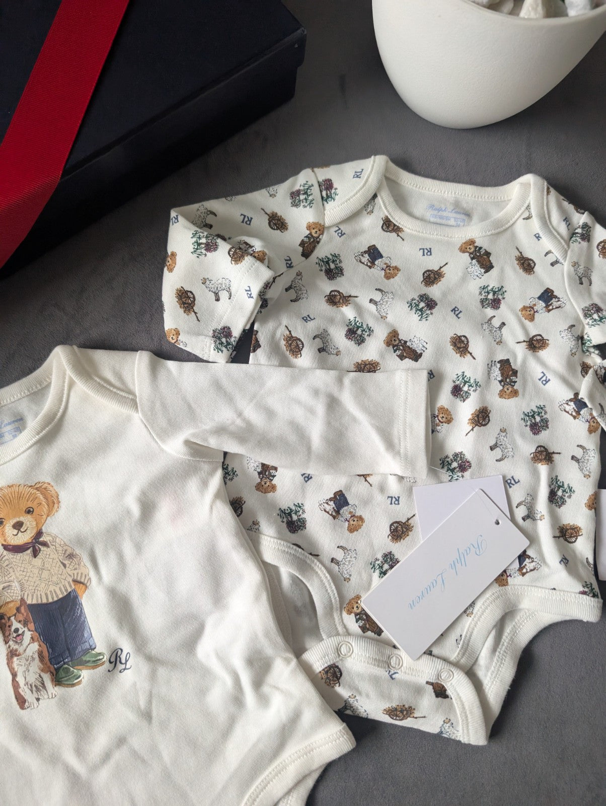 New Ralph Lauren Baby X 2 White Unisex Bear Floral Vest Logo Newborn Gift Cute