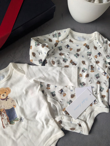 New Ralph Lauren Baby X 2 White Unisex Bear Floral Vest Logo Newborn Gift Cute