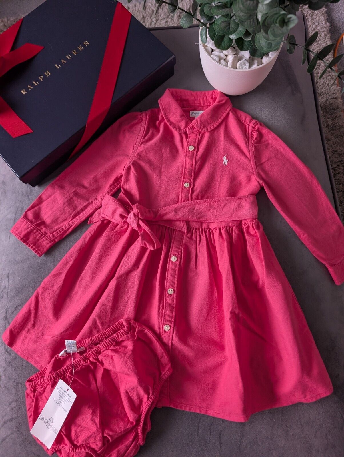 Bnwot Ralph Lauren Polo girls buttoned Oxford Shirt dress Pink Belt 18m Gift