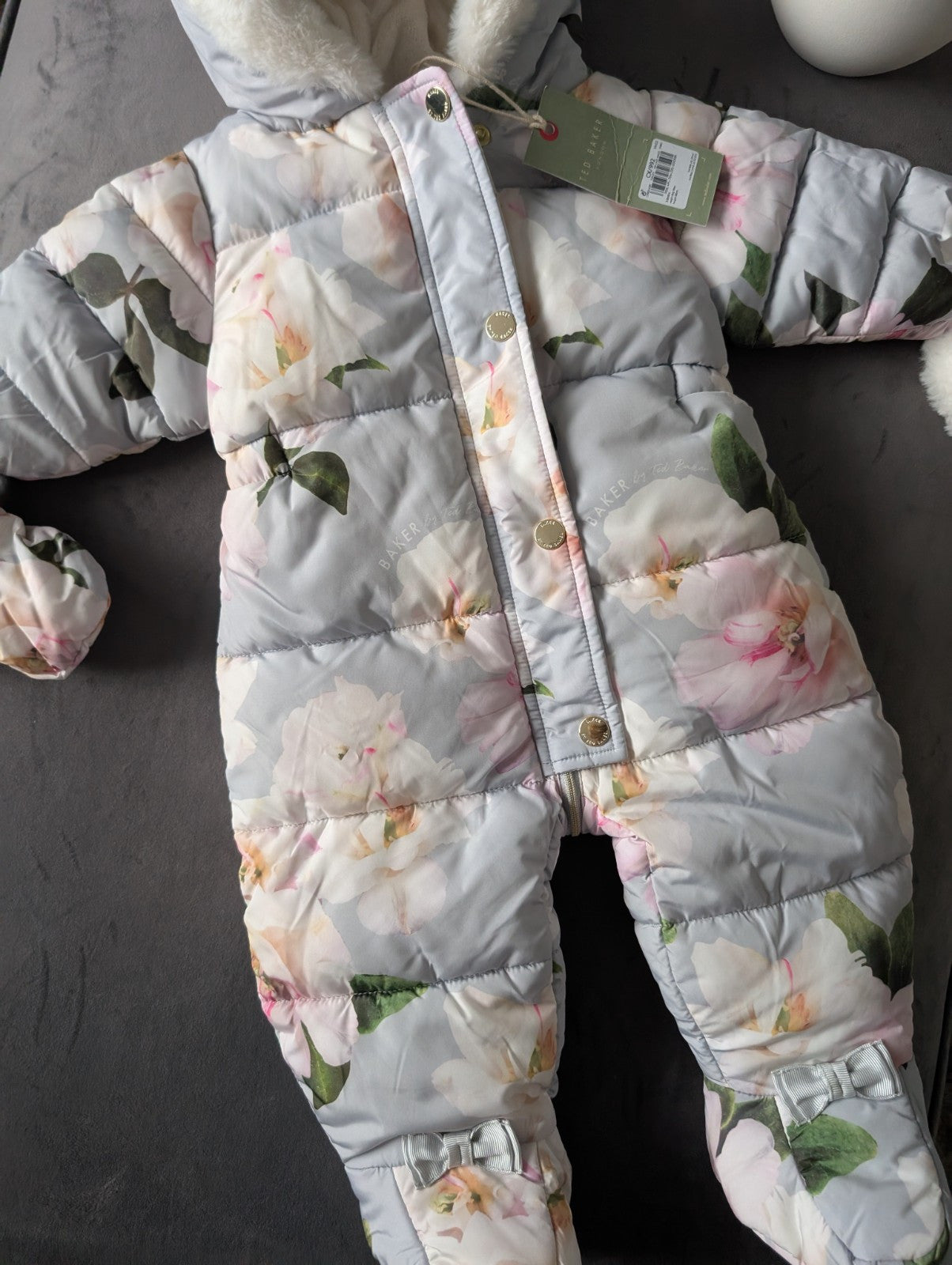 new Baby Girls Ted Baker Fluffy Pink Snowsuit 3-6 Months Zip Up Mittens Faux Fur