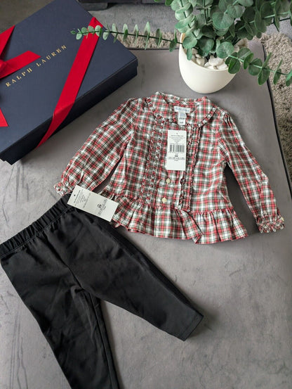 New Ralph Lauren Girls Poplin Plaid Check Shirt Frill + Leggings Set Gift 6-9m