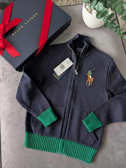 New Ralph Lauren boys big pony full zip knit jacket Navy Green autumn winter 7