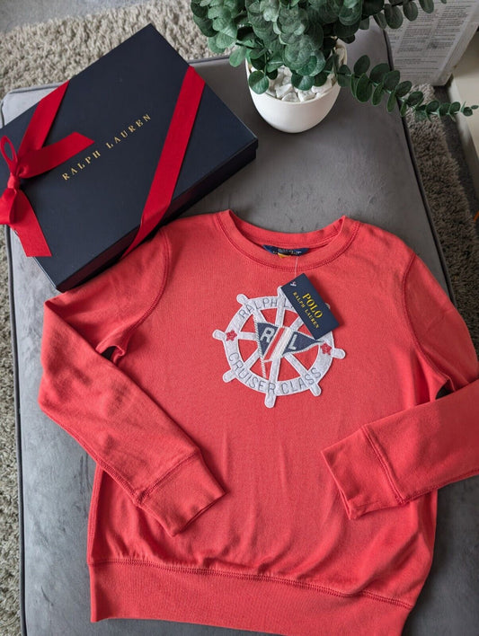 New Ralph Lauren Terry girls sailing boat nautical coral jumper 12-14y gift