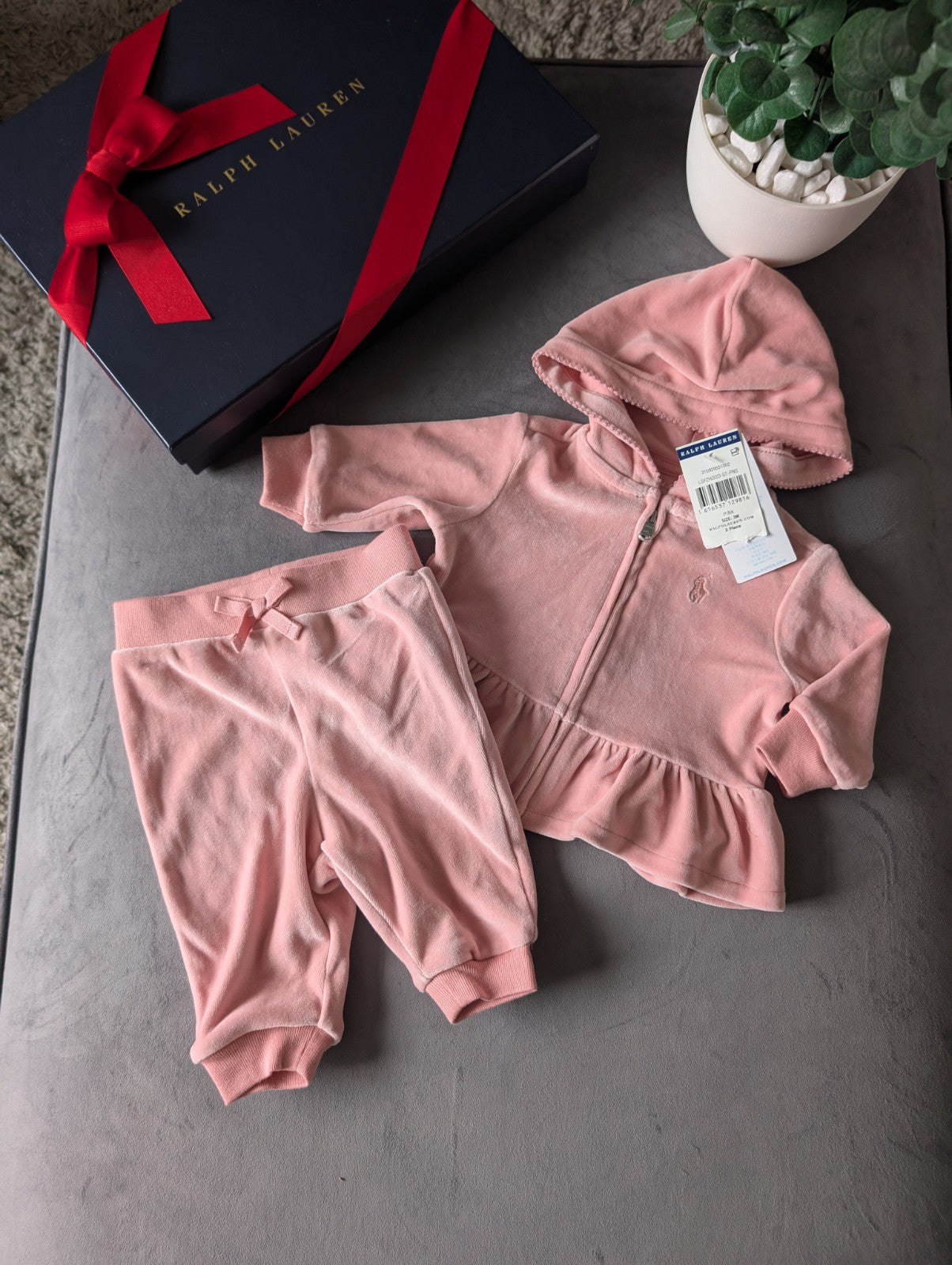 New Gorgeous Ralph Lauren Pink Scalloped Baby Girl Tracksuit 0-3m Gift Velvet