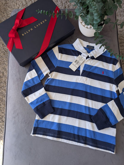 New Ralph Lauren Boys Rugby Style Stripe Long Sleeve Polo Blue White   7 y Boys