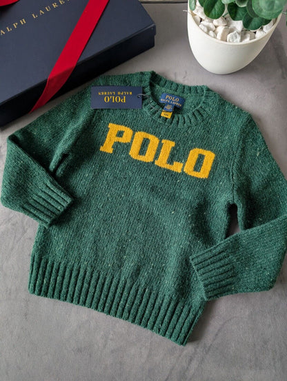 New boys polo Ralph Lauren Green Yellow Wool knit jumper logo polo Gift smart 4y