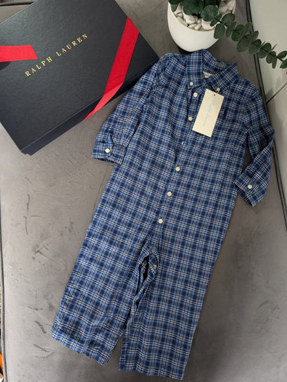 New 12m Ralph Lauren boys Kensington romper all in one pyjama night navy cream