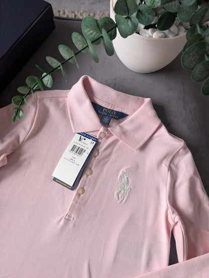 New Ralph Lauren girls Baby Pink Polo dress long sleeve frill age 6  gift