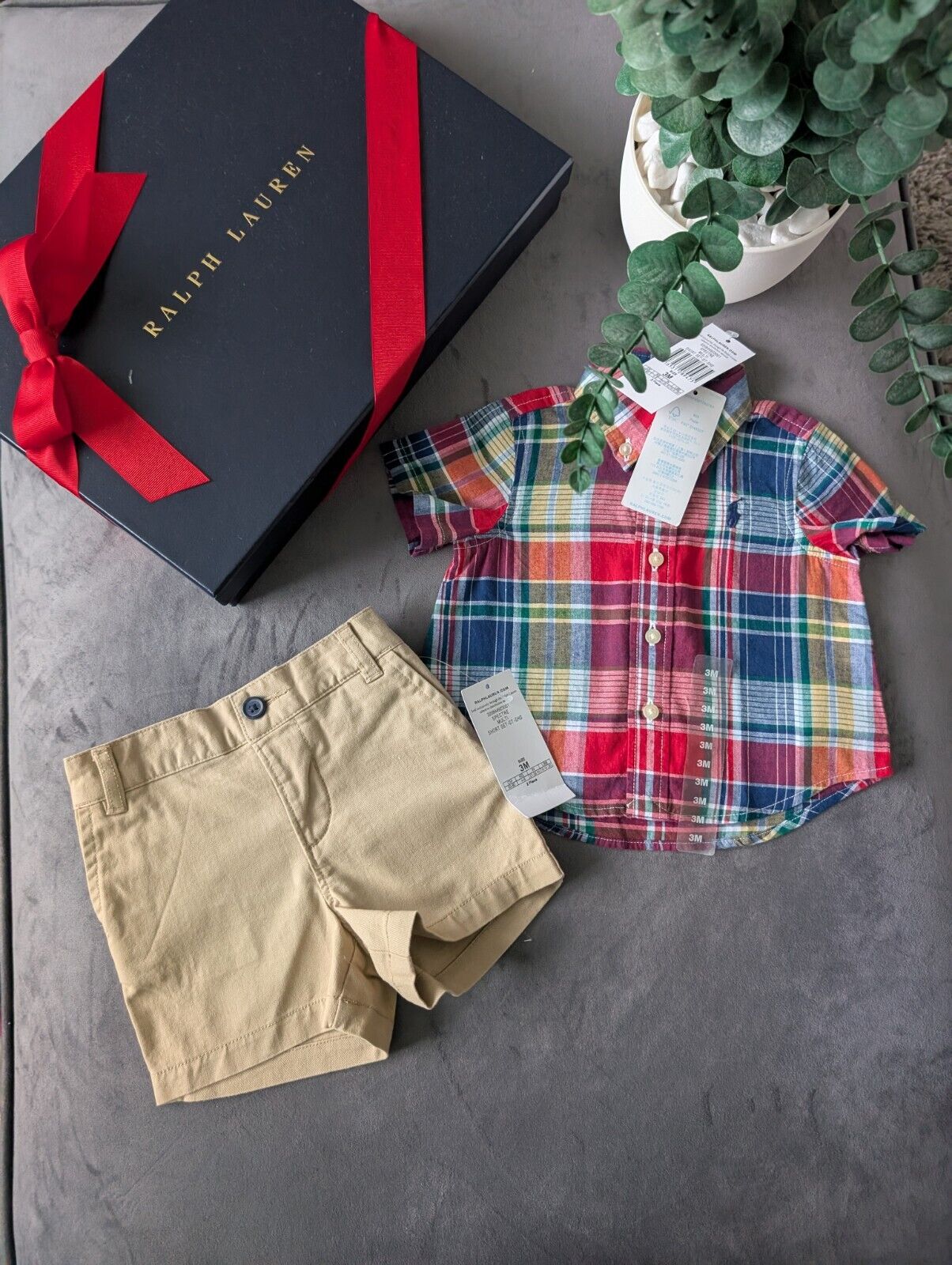 New adorable Ralph Lauren boys Check Shirt + Chino Short Smart Cute 0-3m Gift