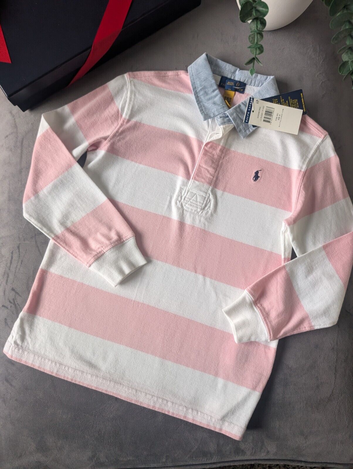 New Ralph Lauren Boys Iconic Pink White Stripe Long Sl Polo Shirt Smart Gift 6y