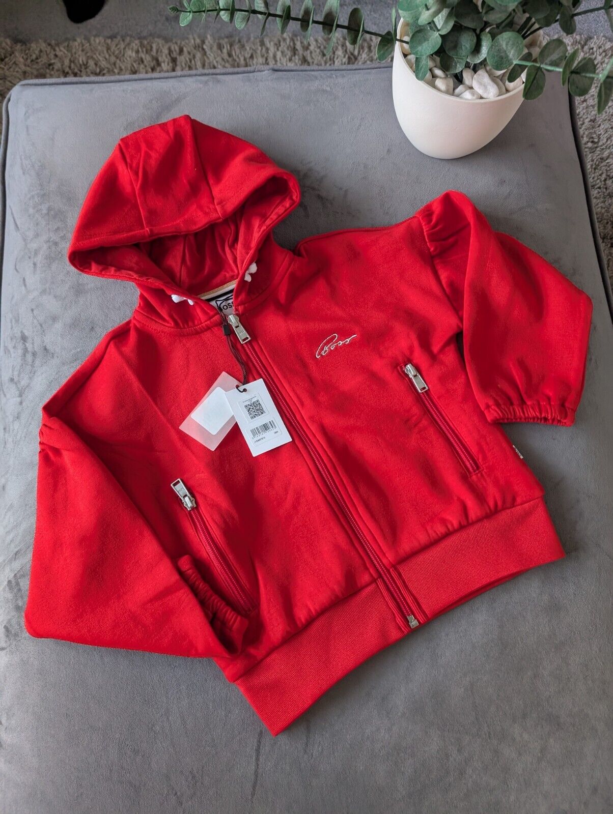 New Gorgeous Girls Hugo Boss Hoodie Red Age 6  Glitter Logo Puff Sleeve Gift