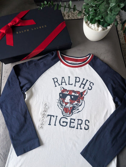 New Ralph Lauren Boys Blue Ralph Tigers Logo Ralph T Shirt Long Sleeve 10-12yrs